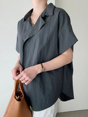 Asymmetric Solid Color Split-Joint Loose Short Sleeves Lapel Blouses&Shirts Tops