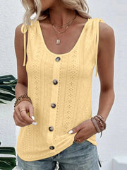 Buttoned Hollow Pleated Split-Joint Tied Loose Plus Size U-neck Vest Top