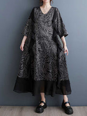 Ruffled Split-Joint Zebra-Stripe A-Line Batwing Sleeves V-Neck Midi Dresses