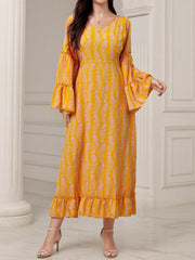 Printed Ruffled Split-Joint A-Line Flared Sleeves V-Neck Maxi Dresses