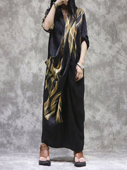 Pockets Printed Split-back Long Sleeves Loose V-neck Maxi Dresses
