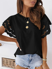 Hollow Pleated Solid Color Loose Ruffle Sleeves Round-Neck T-Shirts Tops