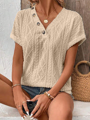 Buttoned Solid Color Loose Short Sleeves V-Neck T-Shirts Tops