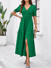 Elasticity Pleated Solid Color Split-Joint A-line High Waisted V-neck Midi Dresses