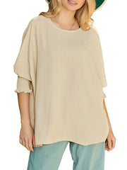 Elasticity Solid Color Split-Joint Half Sleeves Loose Round-Neck T-Shirts Tops