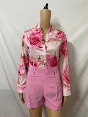 Flower Print Long Sleeves Buttoned Deep V-Neck Shirts Top +Belted Shorts Bottom Two Pieces Set
