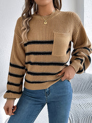 Contrast Color Pockets Split-Joint Long Sleeves Loose Round-Neck Sweater Tops Pullovers