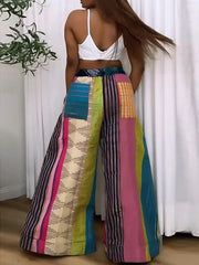 Loose Wide Leg Contrast Color Drawstring Printed Striped Casual Pants Bottoms Trousers