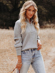 Stylish Loose Solid Color& Contrast Color Striped Lapel Collar Sweater Tops