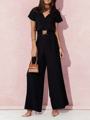 Belted Pleated High Waisted Loose V-Neck Jumpsuits