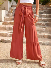 Elasticity Pleated Solid Color Split-Joint Tied Waist High Waisted Loose Trousers Pants