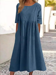 Pleated Pockets Solid Color A-Line Half Sleeves Round-Neck Midi Dresses