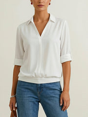 Solid Color Split-Joint Half Sleeves Lapel Blouses&shirts Tops