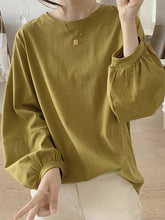 Pleated Solid Color Long Sleeves Loose Round-Neck T-Shirts Tops