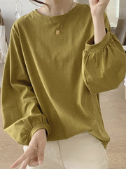 Pleated Solid Color Long Sleeves Loose Round-Neck T-Shirts Tops