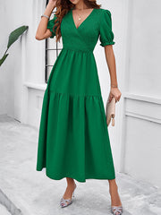 Elasticity Pleated Solid Color Split-Joint A-line High Waisted V-neck Midi Dresses