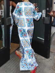 Hollow Printed Split-Side Long Sleeves Loose Round-Neck Maxi Dresses