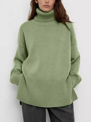 Pleated Solid Color Split-Side Long Sleeves Loose High Neck Sweater Tops