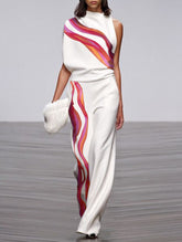 Asymmetric Printed Striped Loose Sleeveless One-shoulder Two Pieces Set Suits