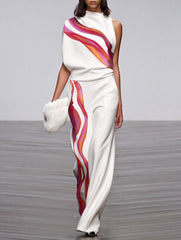 Asymmetric Printed Striped Loose Sleeveless One-shoulder Two Pieces Set Suits