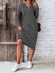 Drawstring Striped Zipper Long Sleeves Loose Hooded Midi Dresses