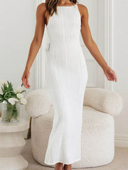 Pleated Solid Color Split-back Skinny Sleeveless Spaghetti-Neck Maxi Dresses