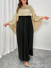 Contrast Color Pleated Shiny Split-Joint High-Low Loose Round-Neck Maxi Dresses