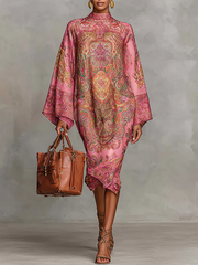 Contrast Color Printed Long Sleeves Loose Mock Neck Midi Dresses