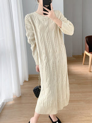 Simple Loose Long Sleeves Jacquard Solid Color Round-Neck Midi Dresses