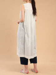 Pleated See-Through Loose Sleeveless Round-Neck Midi Dresses