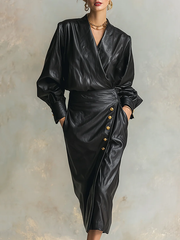 Long Sleeves Puff Sleeves Buttoned Pleated Solid Color V-Neck Midi Dresses