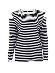 Contrast Color Hollow Striped Long Sleeves Loose Cold Shoulder T-Shirts