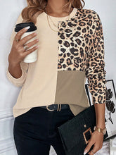 Contrast Color Leopard Split-Joint Long Sleeves Loose Round-Neck T-Shirts Tops