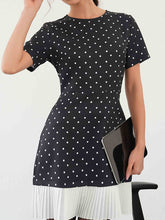 Pleated Polka-Dot Split-Joint A-Line High Waisted Round-Neck Mini Dresses