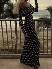 Pleated Polka-Dot Split-Joint Long Sleeves Skinny Tube Maxi Dresses