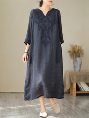 Embroidered Solid Color A-Line Loose V-Neck Midi Dresses