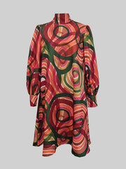 A-Line Long Sleeves Contrast Color High Neck Midi Dresses