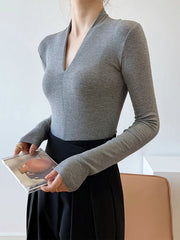 Solid Color Long Sleeves Skinny V-Neck T-Shirts Tops