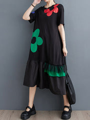 Floral Printed Split-Joint Loose Short Sleeves Round-neck Midi Dresses