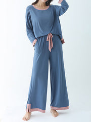 Contrast Color Long Sleeves Loose Round-neck Two Pieces Pajama Set