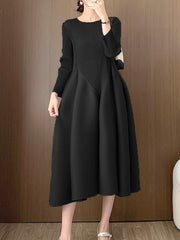 Pleated Solid Color Split-Joint A-Line Loose Round-Neck Midi Dresses
