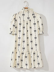 Bowknot Contrast Color Printed Split-Joint A-Line Loose Stand Collar Midi Dresses