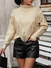 Solid Color Tasseled Long Sleeves Loose High-neck Sweater Tops Pullovers Knitwear