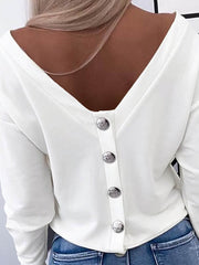 Buttoned Solid Color Long Sleeves Loose Round-Neck T-Shirts Tops