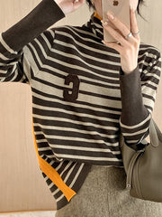 Contrast Color Knitted Letters Split-Joint Striped Long Sleeves Loose High Neck Sweater Tops Pullovers