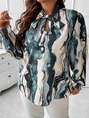 Elasticity Printed Tied Flared Sleeves Long Sleeves V-Neck T-Shirts Tops