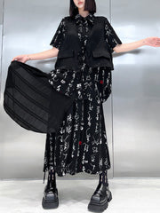 Elasticity Lace-Up Printed Split-Joint Streamer Tiered High Waisted Loose Lapel Skirts Bottoms