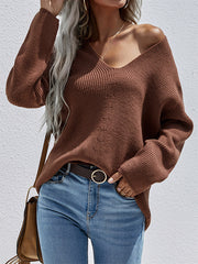 Casual Loose Solid Color V-Neck Sweater Tops