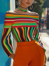 Contrast Color Striped Long Sleeves Loose Halter-Neck T-Shirts Tops