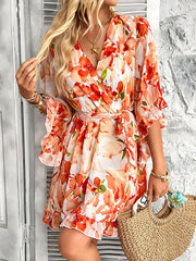 Flower Print Ruffle Trim Split-Joint Tied Waist Flared Sleeves Half Sleeves V-Neck Mini Dresses